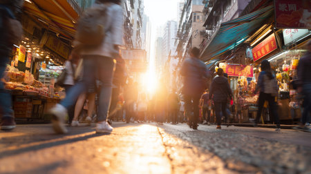 Busy street market in Hong Kong during sunset with people walking and vibrant stallsの素材