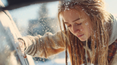 Young woman clears snow from a car on a cold winter morning in a snowy landscapeの素材