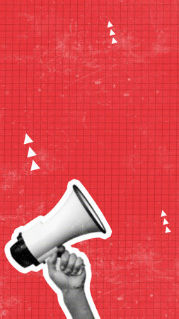 Hand holding a megaphone against a bright red background with geometric shapesの写真素材