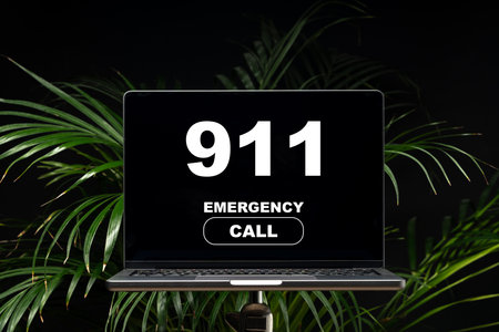 Emergency call on a laptop screen showing 911 during a crisis situation at homeの写真素材