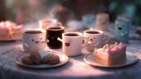 Cute coffee cups and dessert in a cozy setting during afternoon teaの素材