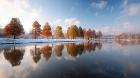 Autumn trees reflect on calm lake in serene morning lightの素材