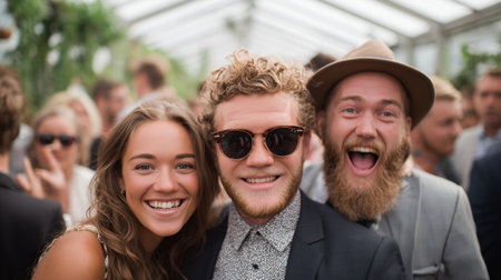 Friends enjoying a lively gathering indoors at a greenhouse during a festive occasionの素材