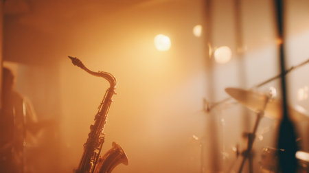 Saxophone performance in smoky jazz bar during evening hours with warm lightingの素材