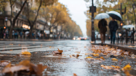 Rainy autumn day on a city street with fallen leaves and people holding umbrellasの素材