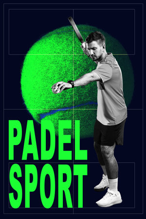 Dynamic padel player prepares for action on the court against a vivid green backgroundの写真素材