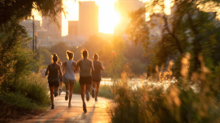Group of runners enjoying a sunrise jog along a riverside path in a cityの素材