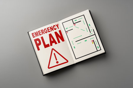 Emergency plan layout showing escape routes and safety information for all situationsの写真素材