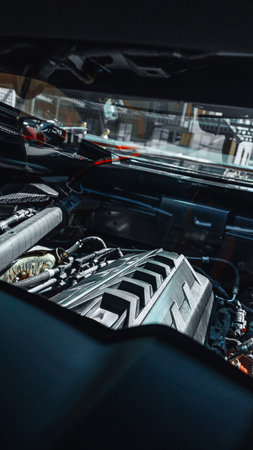 Engine components are visible in a cars hood during maintenance or inspectionの写真素材