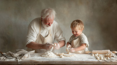 Grandfather and grandson enjoy making dough together in a cozy kitchen settingの素材