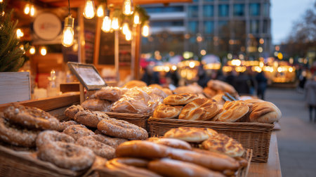 Freshly baked bread and pastries at a bustling evening market in the cityの素材