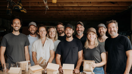 Group of woodworking enthusiasts gathered in a workshop showcasing their handmade projectsの素材