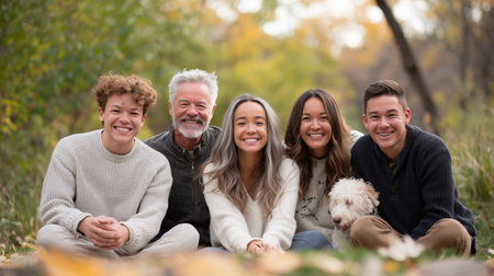 Family gathers outdoors on a sunny day with their dog in a vibrant autumn settingの素材