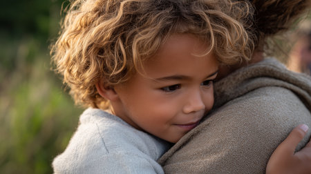 Child embraces caregiver in a warm moment outdoors during golden hourの素材