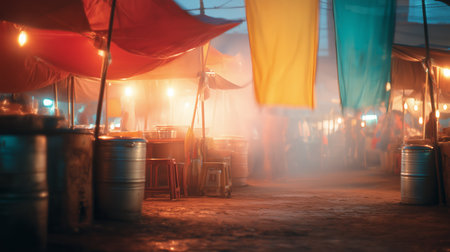 Vibrant night market scene with colorful flags and warm lights in the backgroundの素材