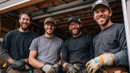 Four skilled workers smiling together at a construction site in a garage settingの素材