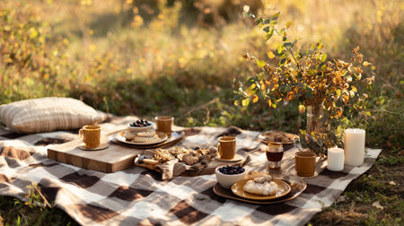 Outdoor picnic setup with snacks and flowers on a sunny afternoonの素材