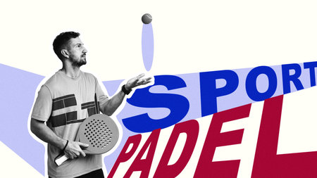 Man practicing padel in a dynamic sports setting with colorful graphicsの写真素材