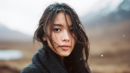Beautiful woman with snowflakes in her hair in a mountainous landscapeの素材