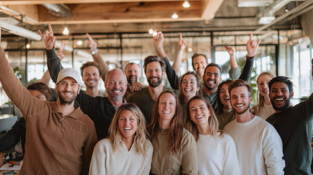 Team celebration in a modern workspace with joyful expressions and raised handsの素材