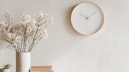 Simple decor with clock and dried flowers in a cozy room settingの素材