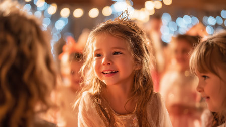 Children celebrating at a joyful party with twinkling lights in the backgroundの素材
