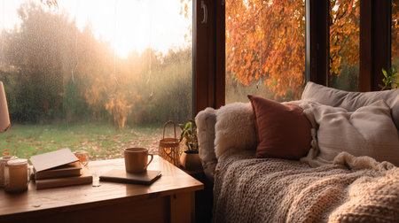 Cozy living room with autumn colors and warm sunlight in the late afternoonの素材