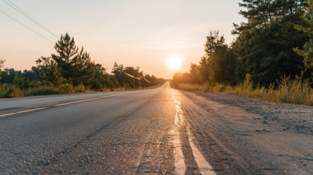 Sunset over a quiet rural road surrounded by trees in golden evening lightの素材
