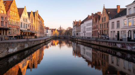 Canals reflect charming houses in Bruges during early morning lightの素材