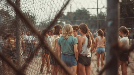 Group of young girls prepare for activities at an outdoor sports field in summerの素材
