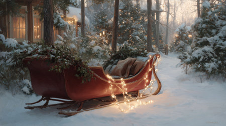 Winter scene with decorated sleigh in a snowy forest at duskの素材