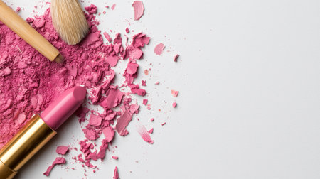 Bright pink makeup products arranged on a white surface for creative beauty applicationの素材