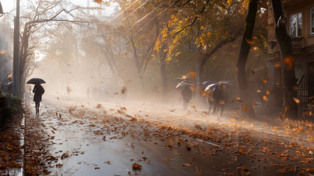 Gentle autumn rain creates a misty atmosphere on a quiet city streetの素材