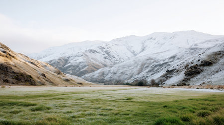 Winter landscape with snow-capped mountains and green valley in the early morning lightの素材