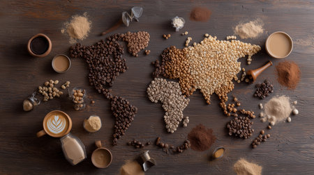 World map created with coffee beans and related items on rustic wooden tableの素材
