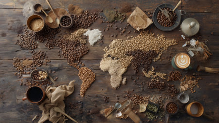 Map of the world created with coffee beans and spices on a wooden table in a cozy settingの素材