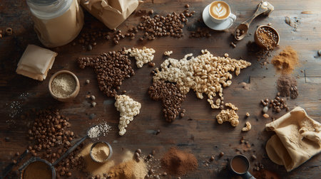 Creative coffee world map made from different coffee beans and ground coffee on a wooden tableの素材