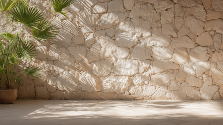 Natural light casts shadows on a stone wall with greenery in a serene indoor spaceの素材