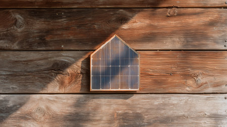 Solar energy model in miniature house shape displayed on a wooden surfaceの素材