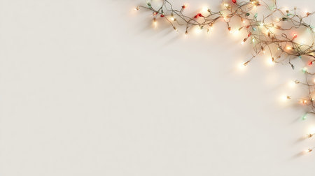 String lights create a warm glow on a wall during an indoor gathering at nightの素材