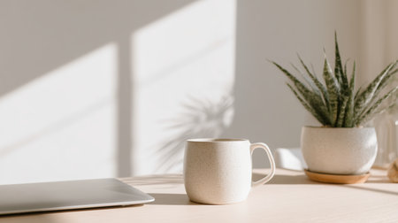 Sunlight brightens a table with a cup and a plant in a simple indoor spaceの素材