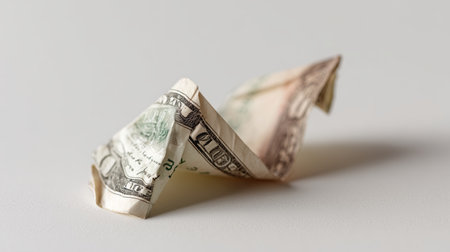 Crumpled one hundred dollar bill on a plain background showing wear and ageの素材