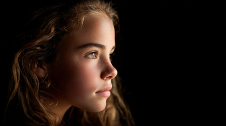 Young girl gazes thoughtfully out the window during late afternoon sunlightの素材