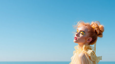 Woman with bright makeup stands by the sea under a clear blue skyの素材
