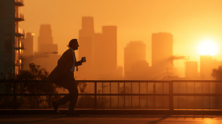Running at sunset with city skyline in the backgroundの素材