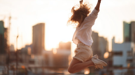 Jumping on a rooftop with city skyline in the background during sunsetの素材