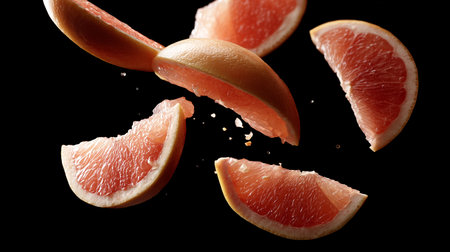 Colorful grapefruit slices are floating against a black background during a food photography sessionの素材