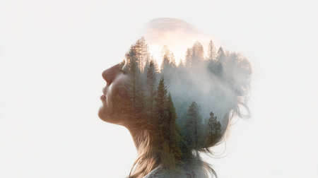 Person with silhouette blending into forest landscape during daylightの素材