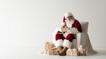 Santa sits in a chair with gifts around him during the holiday seasonの素材