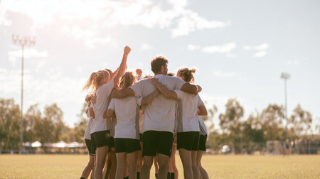 Players gather in a circle on a soccer field before their match during afternoon sunlightの素材